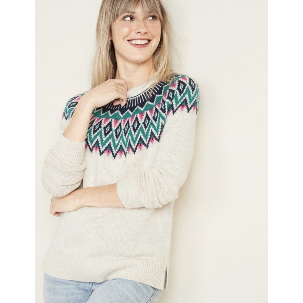Old Navy 2X Plus Fair Isle Sweater Cream Nordic Cozy Winter Pullover